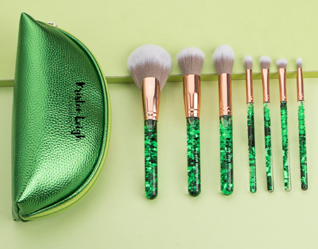 Kristen Leigh Cosmetics - Floating Green Glitter Handle - Makeup Brushes with Green Shiny Makeup Bag