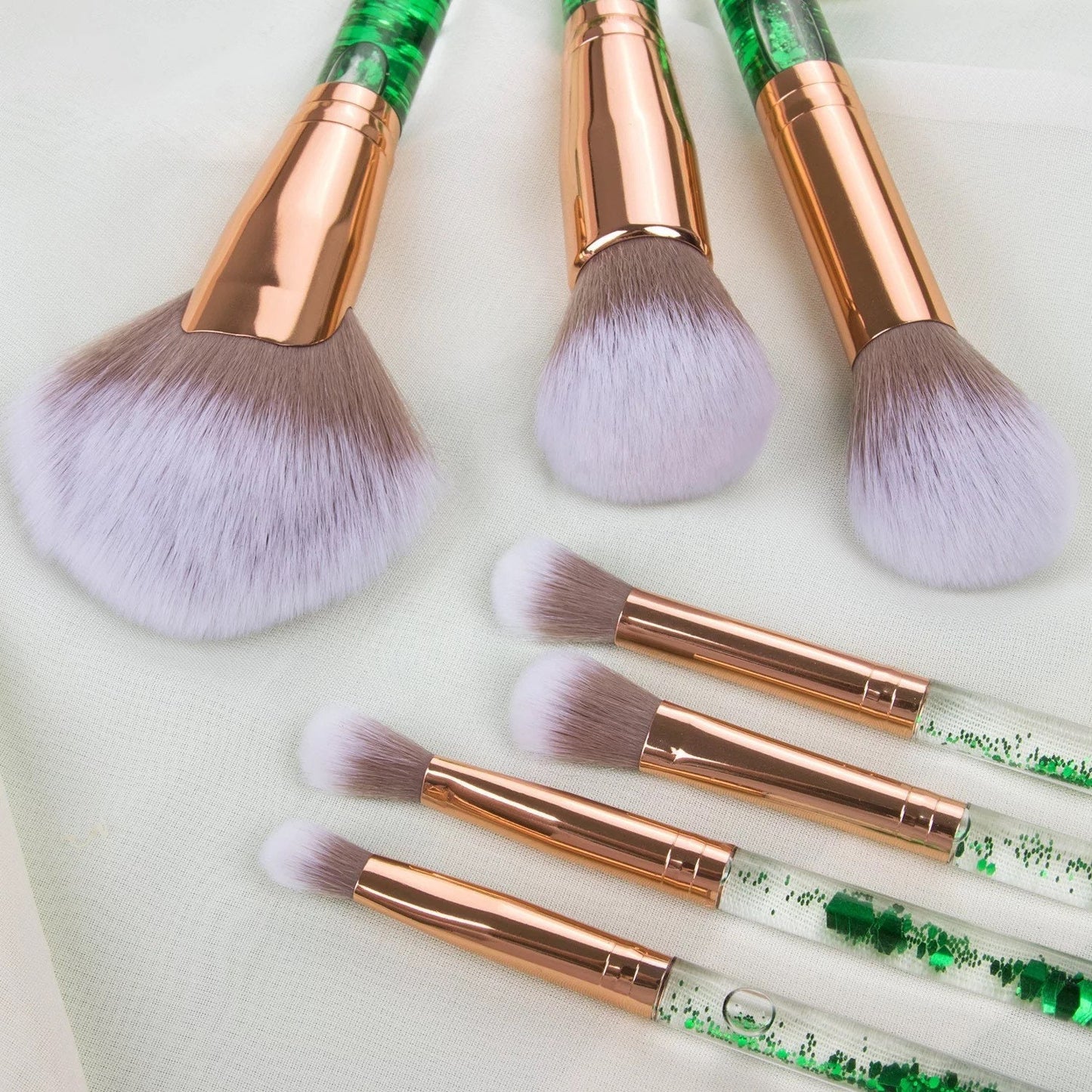 Kristen Leigh Cosmetics - Floating Green Glitter Handle - Makeup Brushes with Green Shiny Makeup Bag