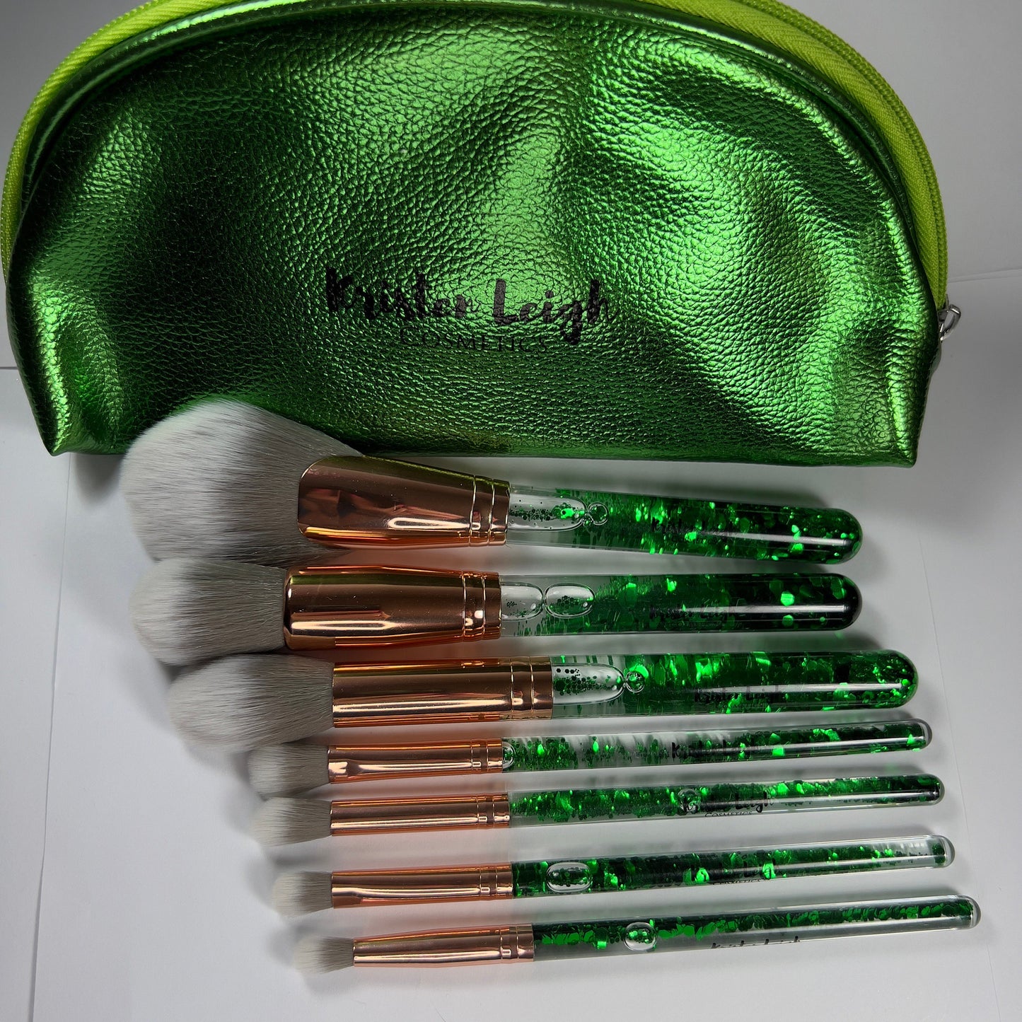 Kristen Leigh Cosmetics - Floating Green Glitter Handle - Makeup Brushes with Green Shiny Makeup Bag